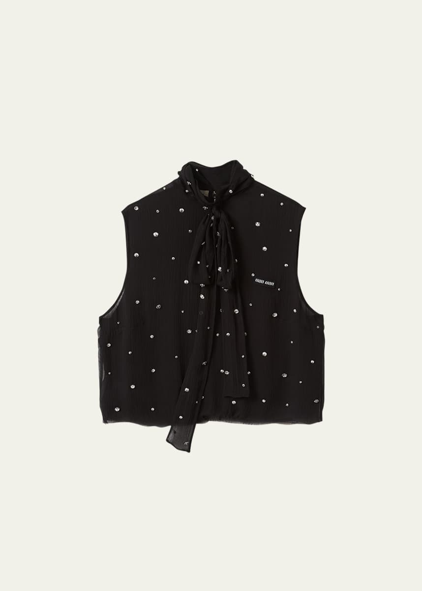 Miu Miu Crystal Chiffon Scarf-Neck Cropped Top