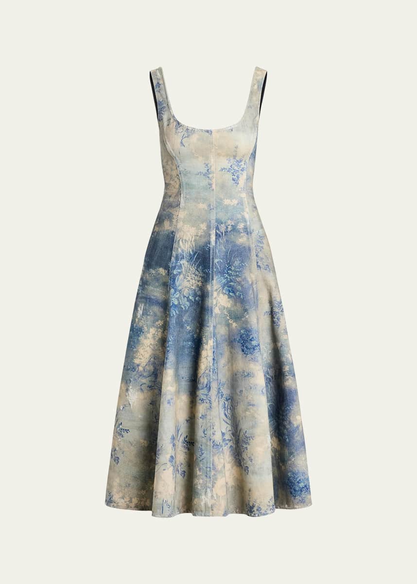 Ralph Lauren Collection Tarian Floral-Print Sleeveless Lace-Up Denim Midi Dress