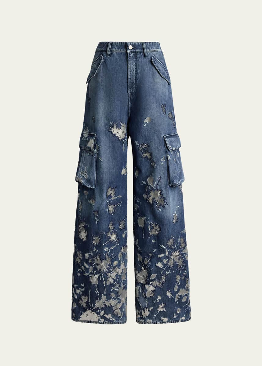 Ralph Lauren Collection Denim Blue Shadow Berke Embellished Wide-Leg Jeans
