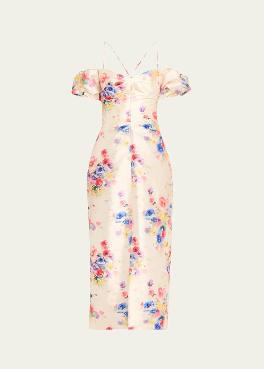 Markarian Palma Beaded Floral Off-Shoulder Ruched Midi Dress