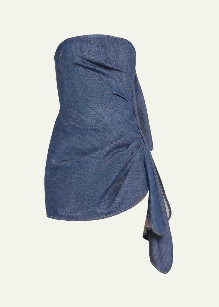 LaQuan Smith Strapless Denim Mini Dress with Ruffle Detail