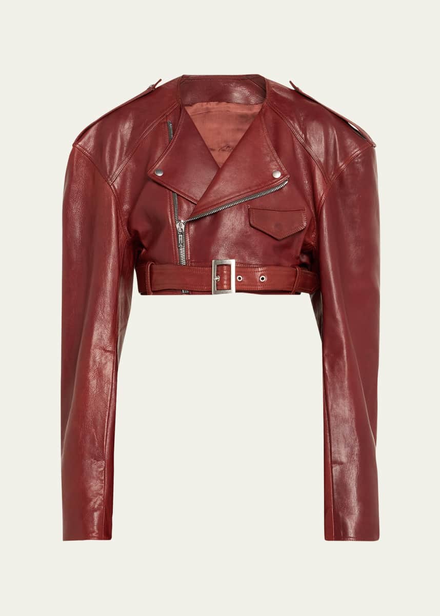 Rick Owens Leather Cropped Belted Moto Jacket