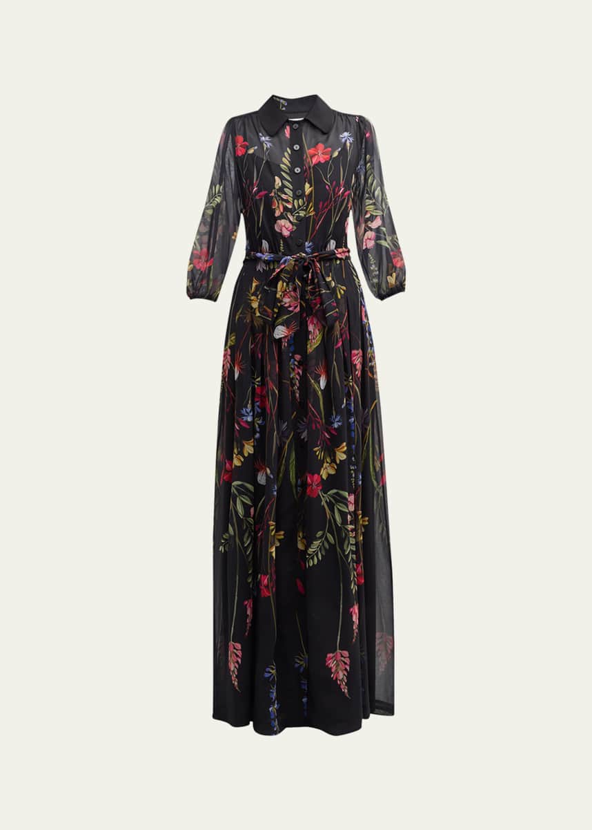 Rickie Freeman for Teri Jon Blouson-Sleeve Floral-Print Chiffon Shirt Gown