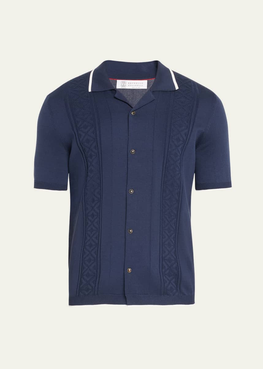 Brunello Cucinelli Men's Short-Sleeve Cotton Knit Polo Sweater