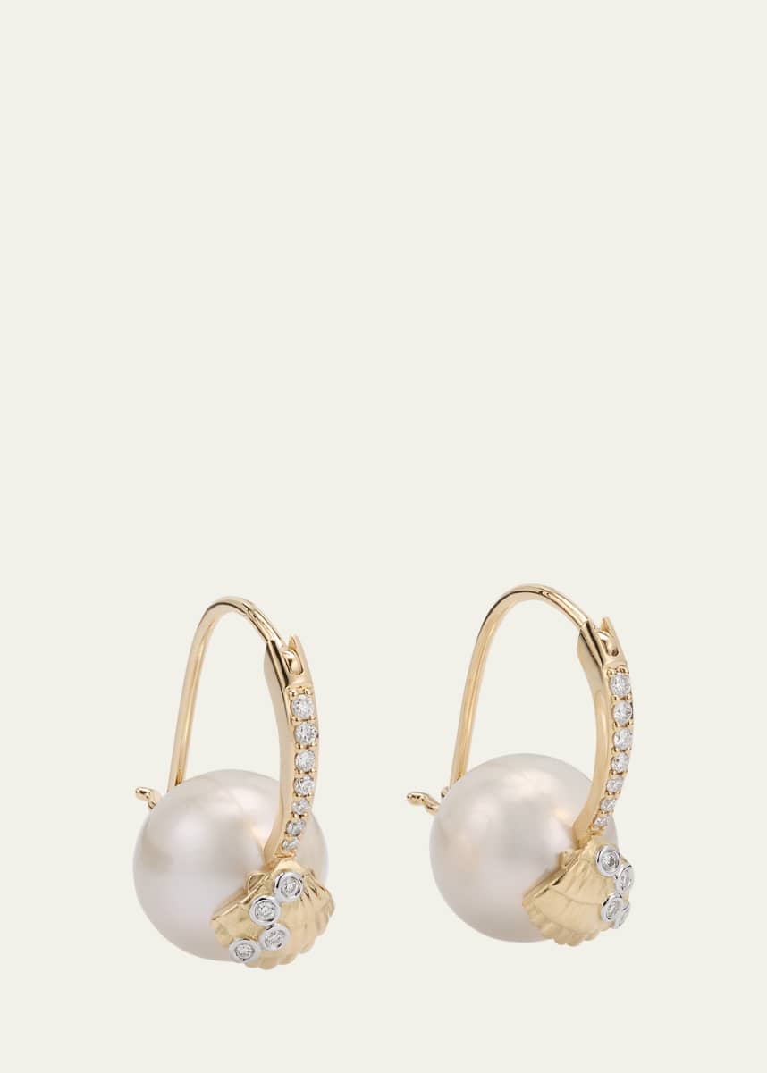 Sydney Evan 14K Gold Clamshell and 10mm Freshwater Pearl Diamond Earrings
