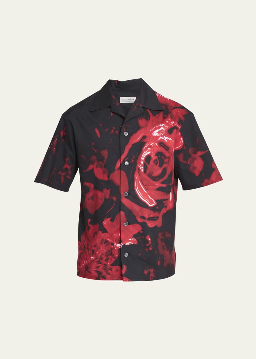 Alexander McQueen Men's Floral Wax Seal Print Camp Shirt