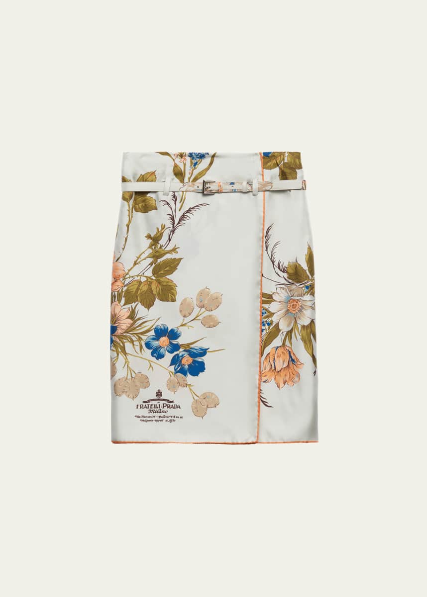Prada Gentian Silk Twill Belted Knee-Length Skirt
