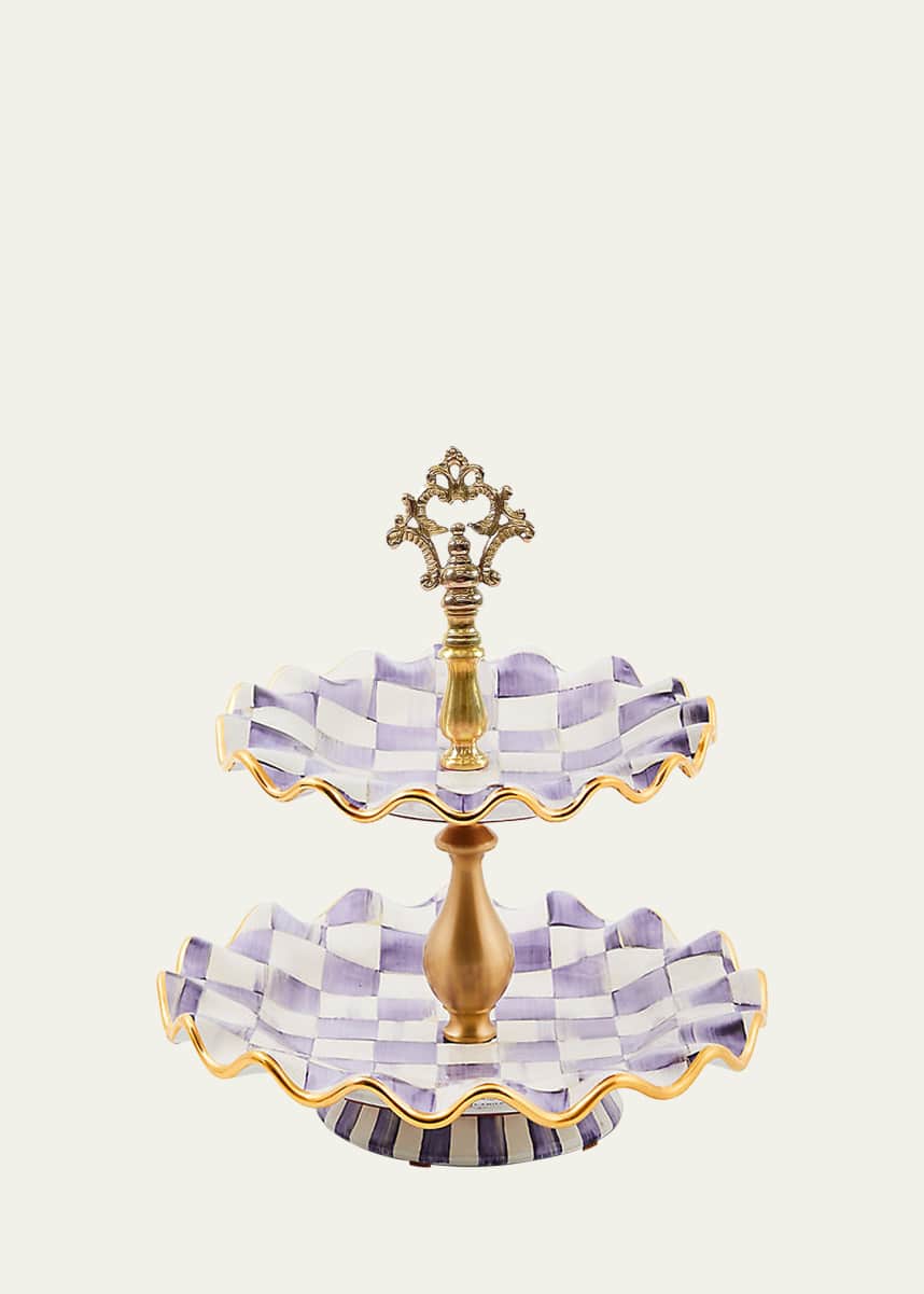 MacKenzie-Childs Plum Check Fluted Ceramic Two-Tier Sweet Stand