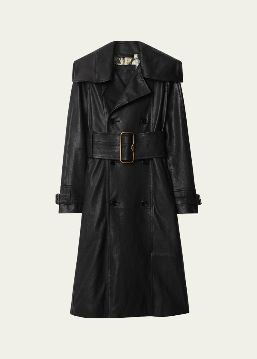 Burberry Long Double-Breasted Leather Belted Trench Coat