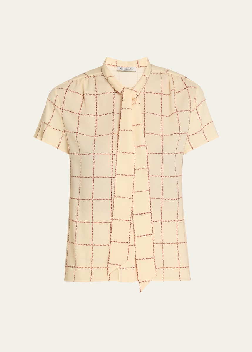 Loro Piana Febe Self-Tie Piot Check Silk Shirt