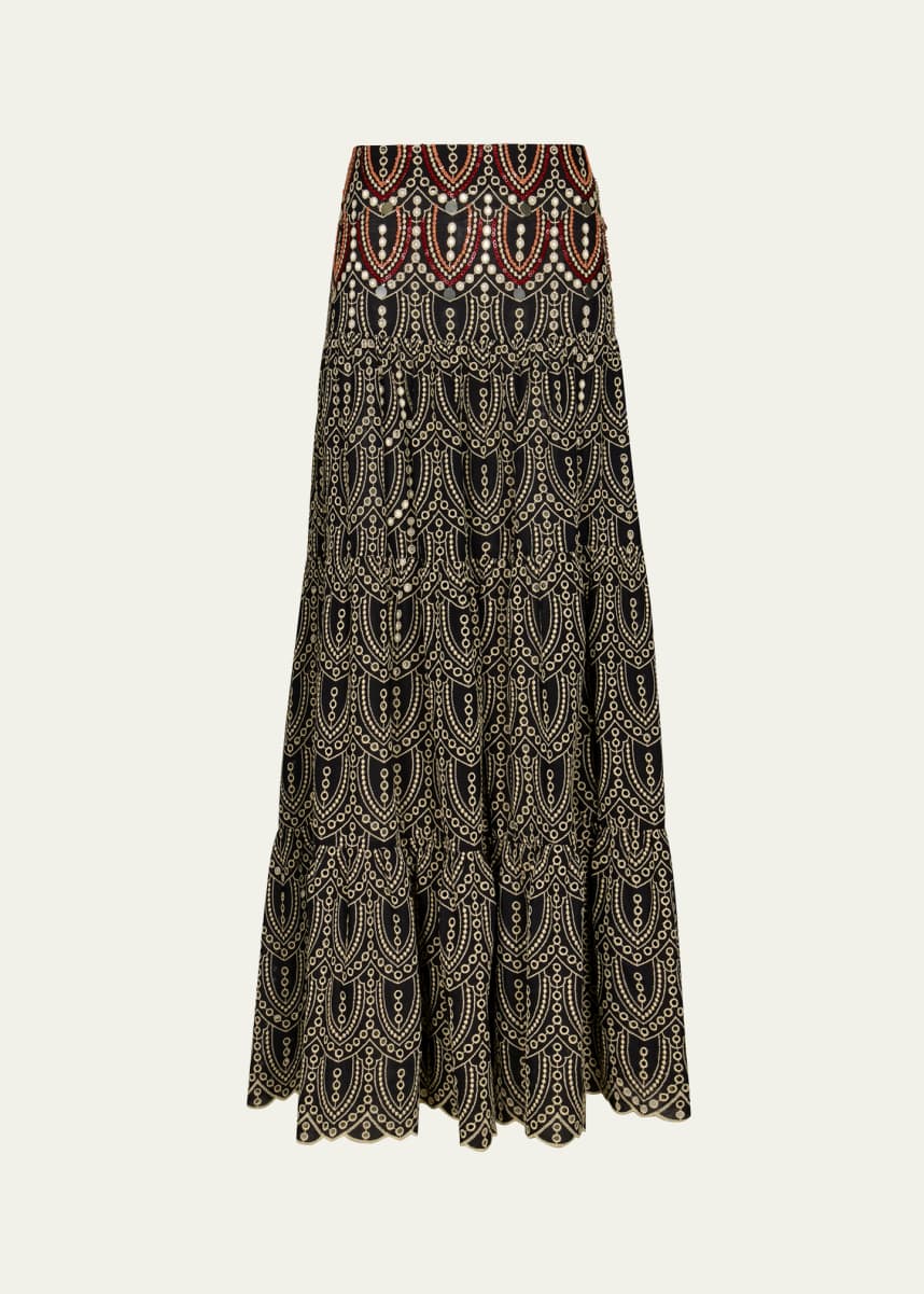 Johanna Ortiz Palm Rhythm Eyelet Sequined Maxi Skirt