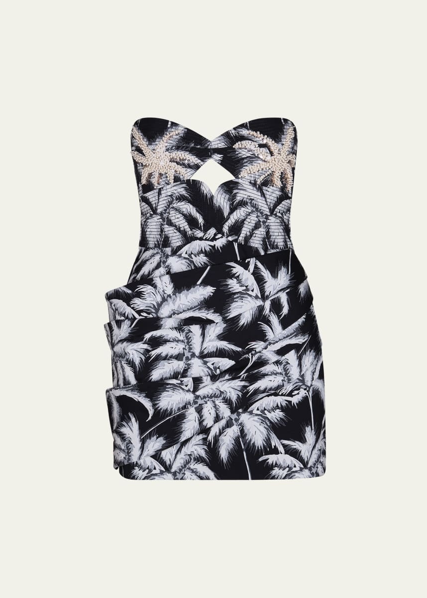 Johanna Ortiz Sombra Tropical Jacquard Beaded Strapless Mini Dress