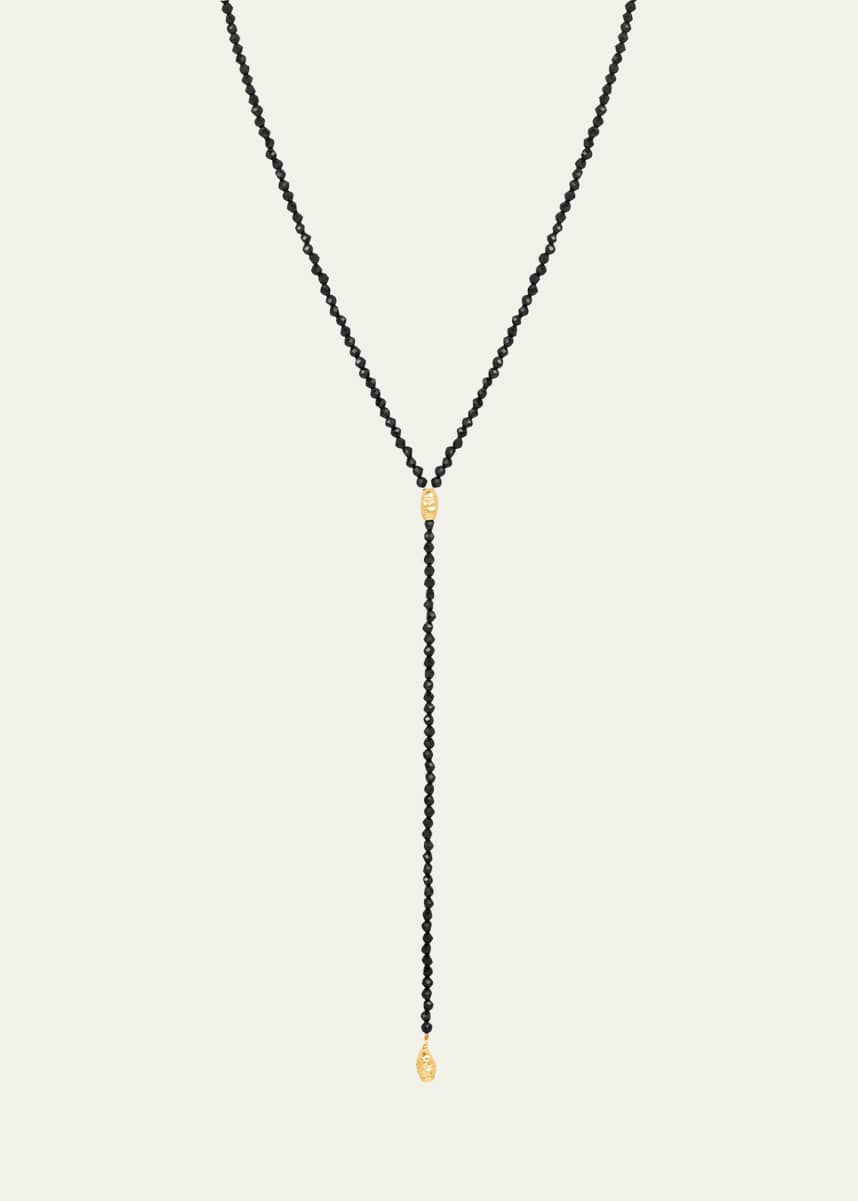 KAREN LAZAR Micro Faceted Black Spinel Lariat Necklace with 14K Gold Filled Textured Orzo Beads