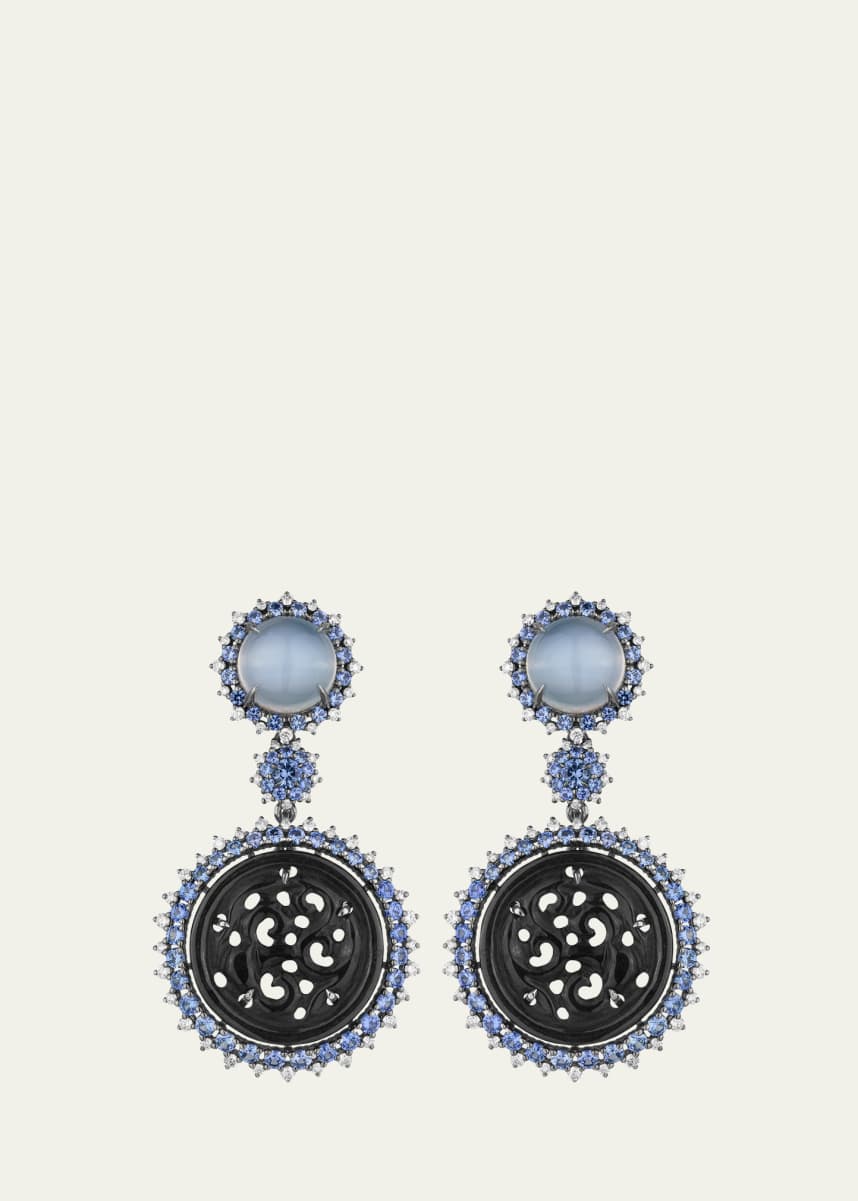 Paul Morelli 18K White Gold Black Jade Drop Earrings with Diamonds, Sapphires and Moonstones