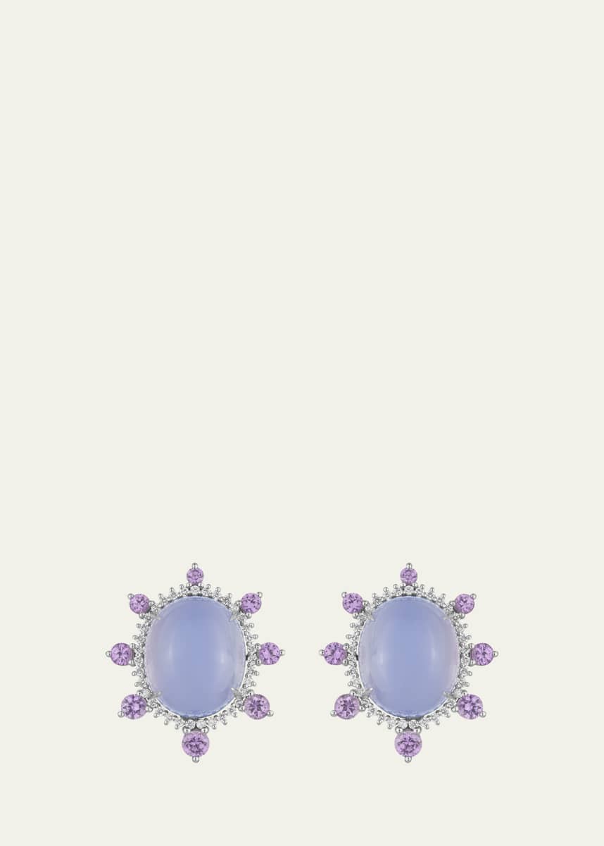 Paul Morelli 18K White Gold Chalcedony Earrings with Diamonds and Purple Sapphires