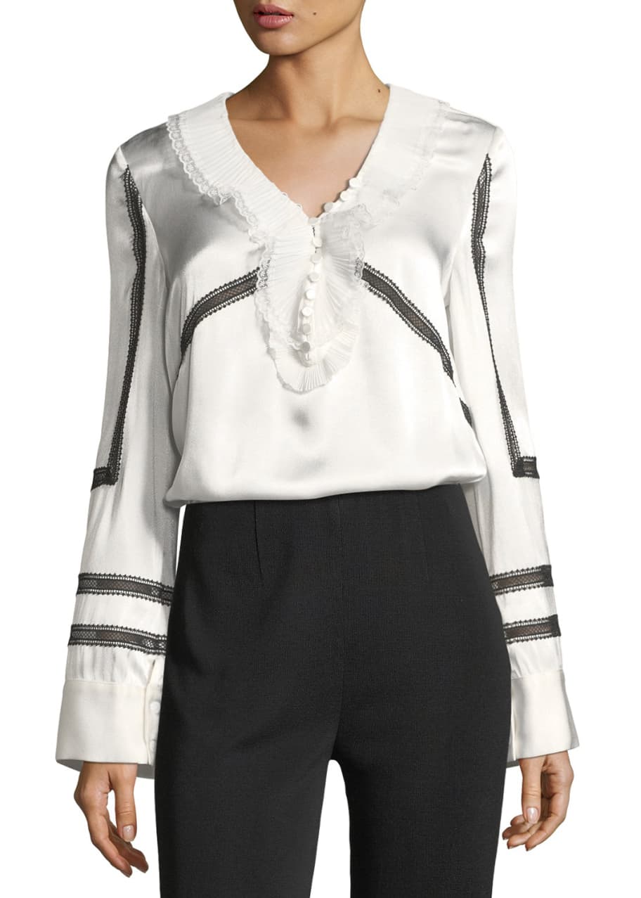 Image 1 of 1: Monochrome Trimmed Long-Sleeve Satin Shirt