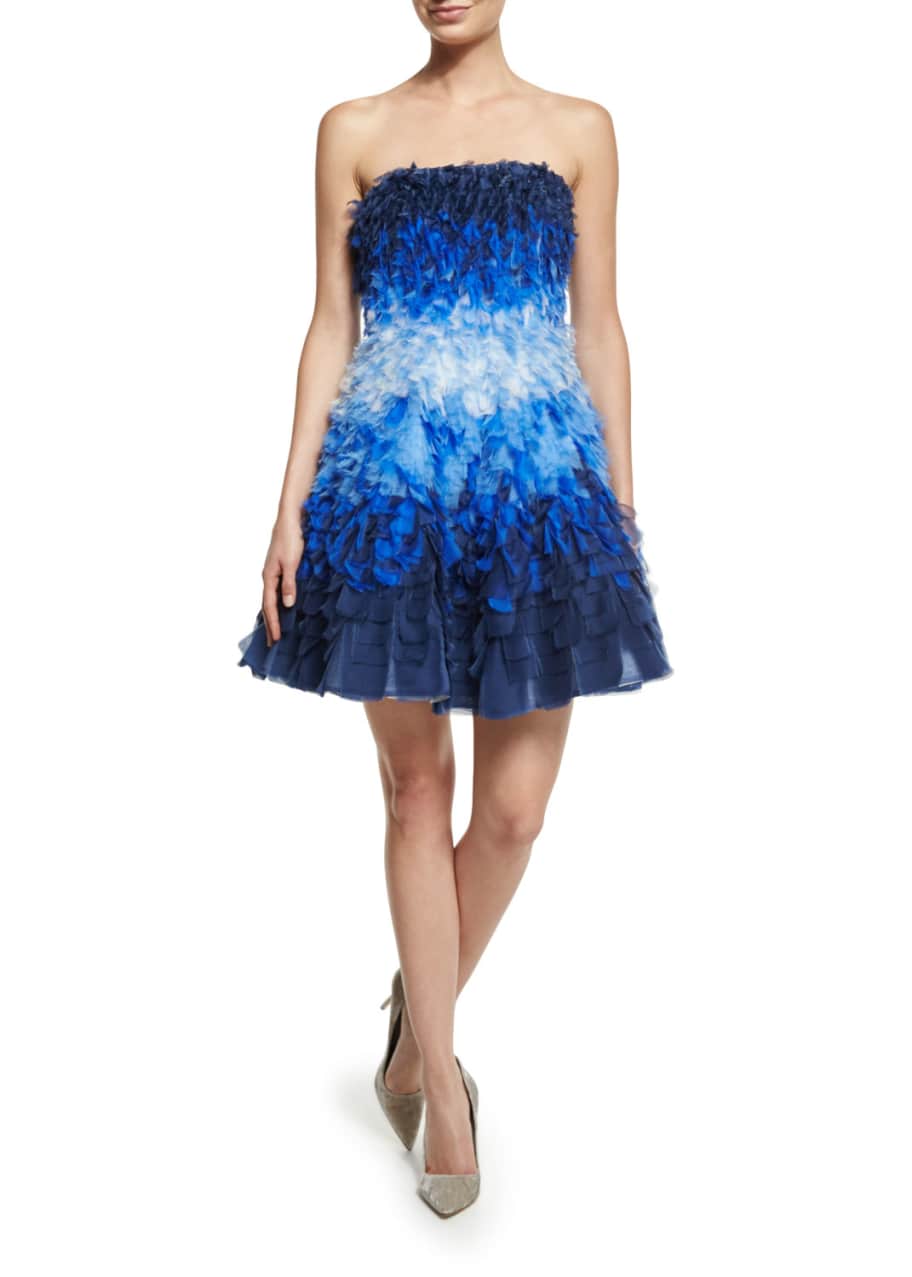 Image 1 of 1: Strapless Ombre Silk Organza Dress, Blue/Multi