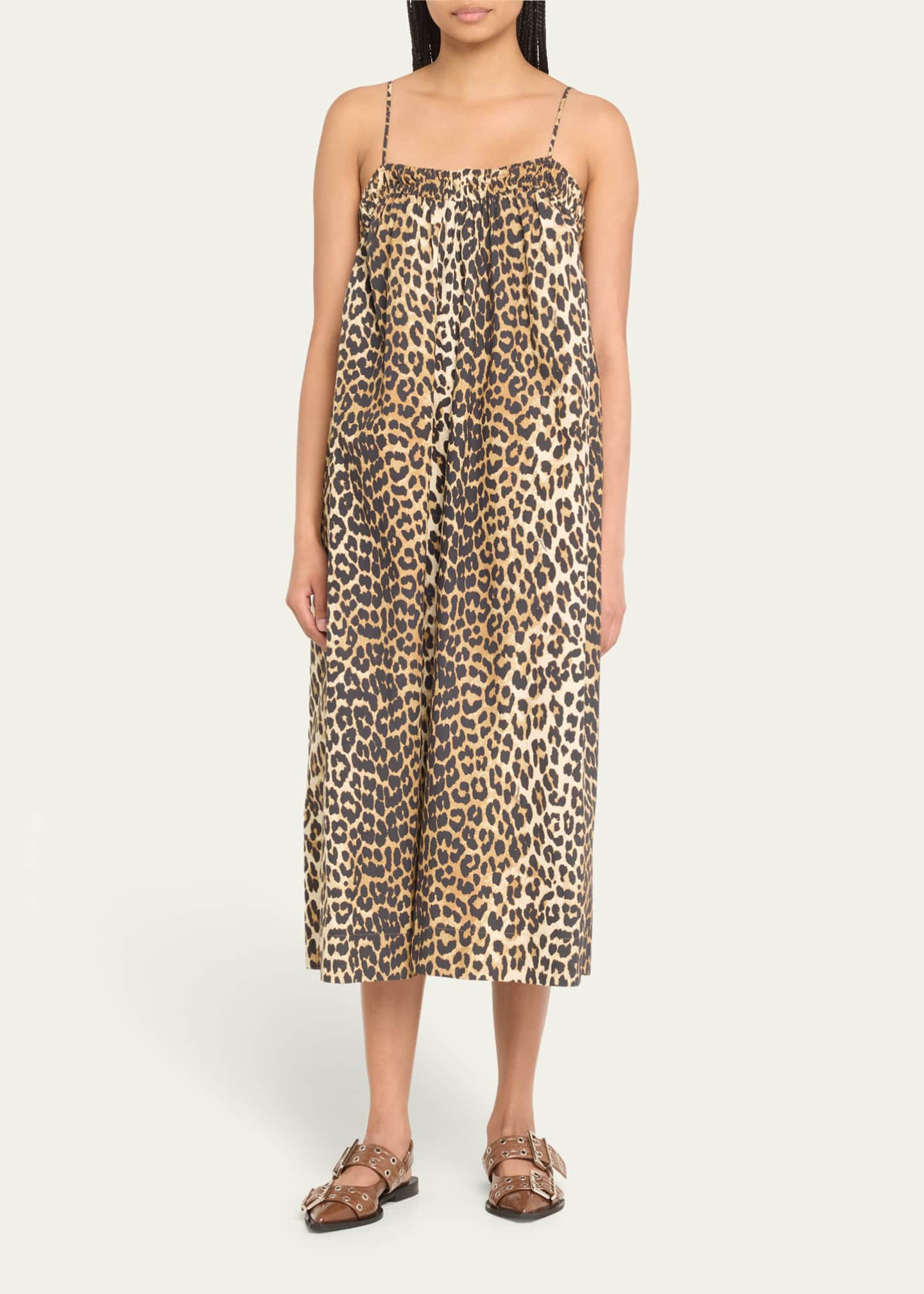 Ganni Spaghetti Strap Leopard-Print Midi Dress Image 2 of 5