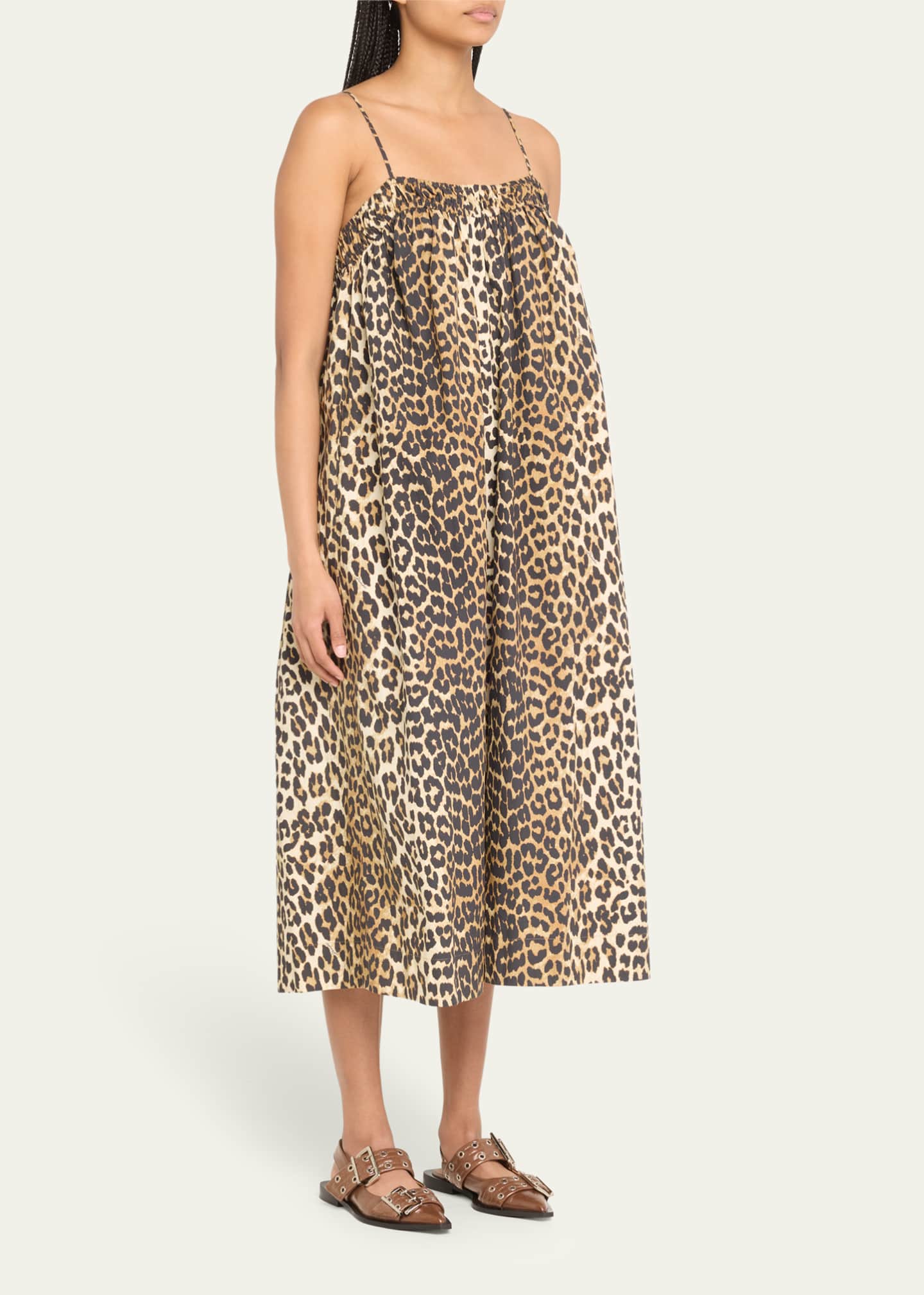Ganni Spaghetti Strap Leopard-Print Midi Dress Image 4 of 5