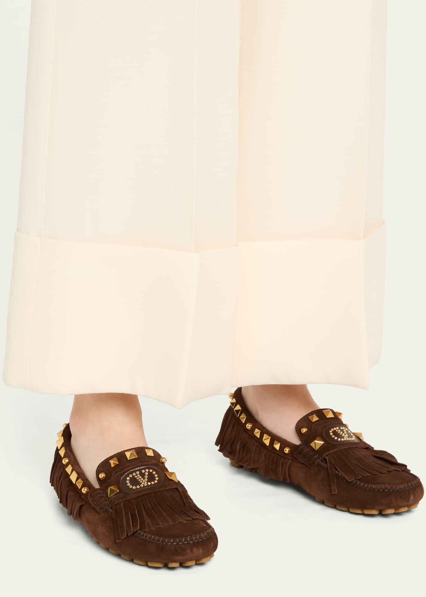 Valentino Garavani V-Logo Rockstud Suede Fringe Driver Loafers Image 2 of 6