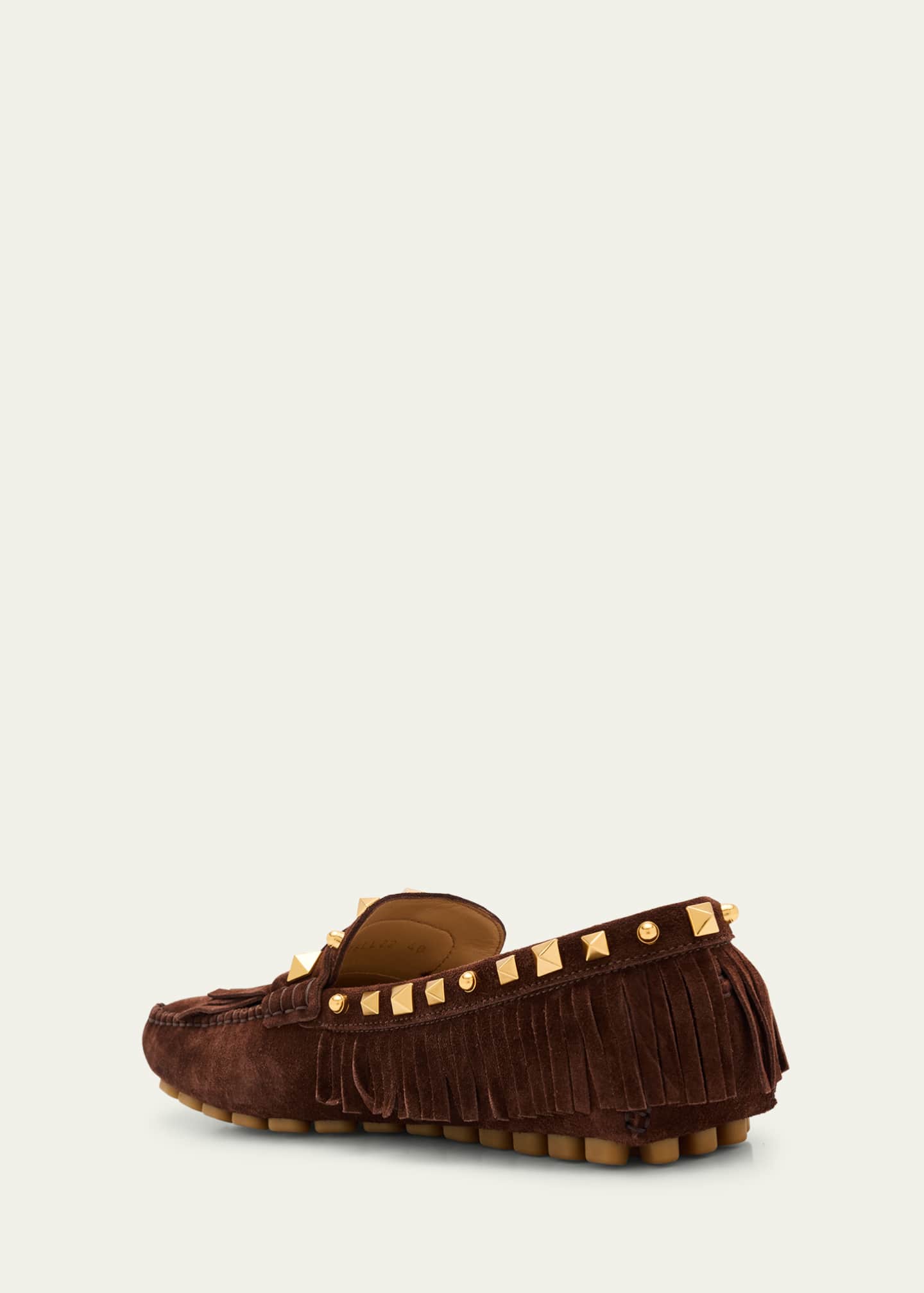 Valentino Garavani V-Logo Rockstud Suede Fringe Driver Loafers Image 4 of 6