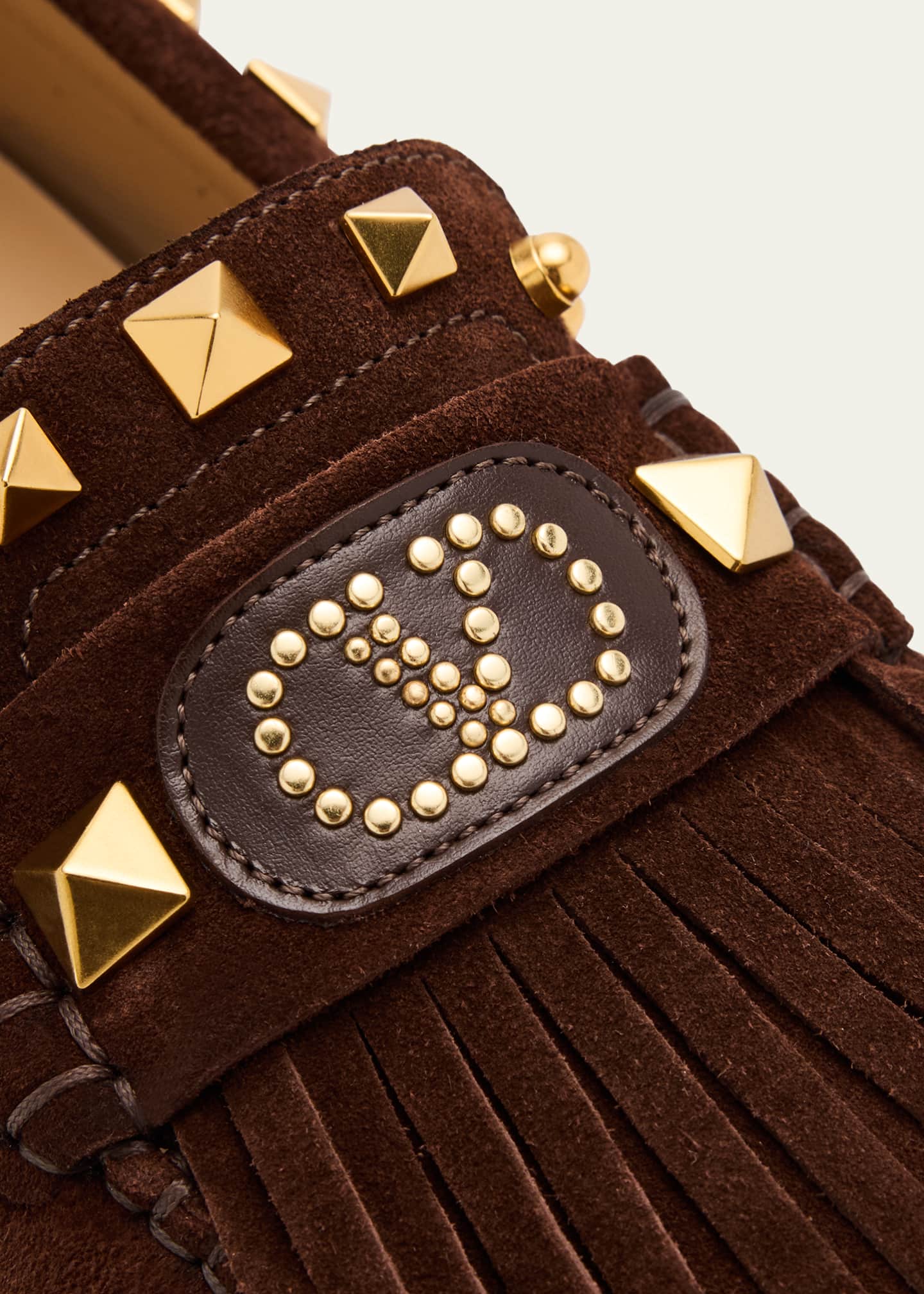 Valentino Garavani V-Logo Rockstud Suede Fringe Driver Loafers Image 5 of 6