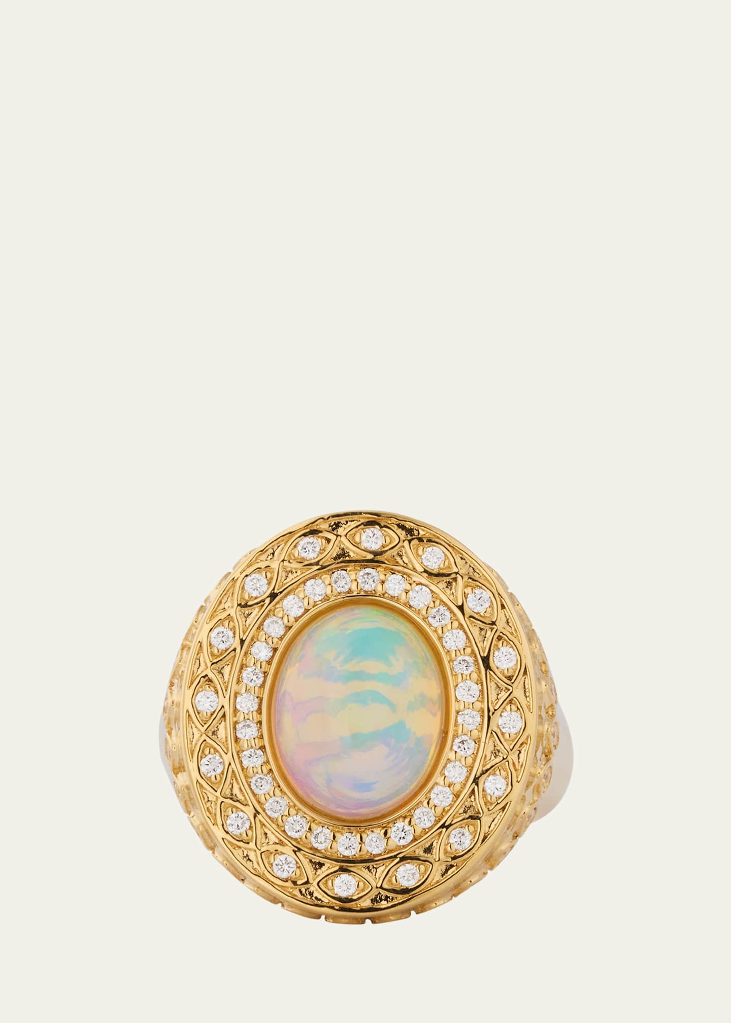 Sydney Evan 14K Yellow Gold Marquise Eye Opal Cabochon Signet Ring with Diamonds Image 1 of 4