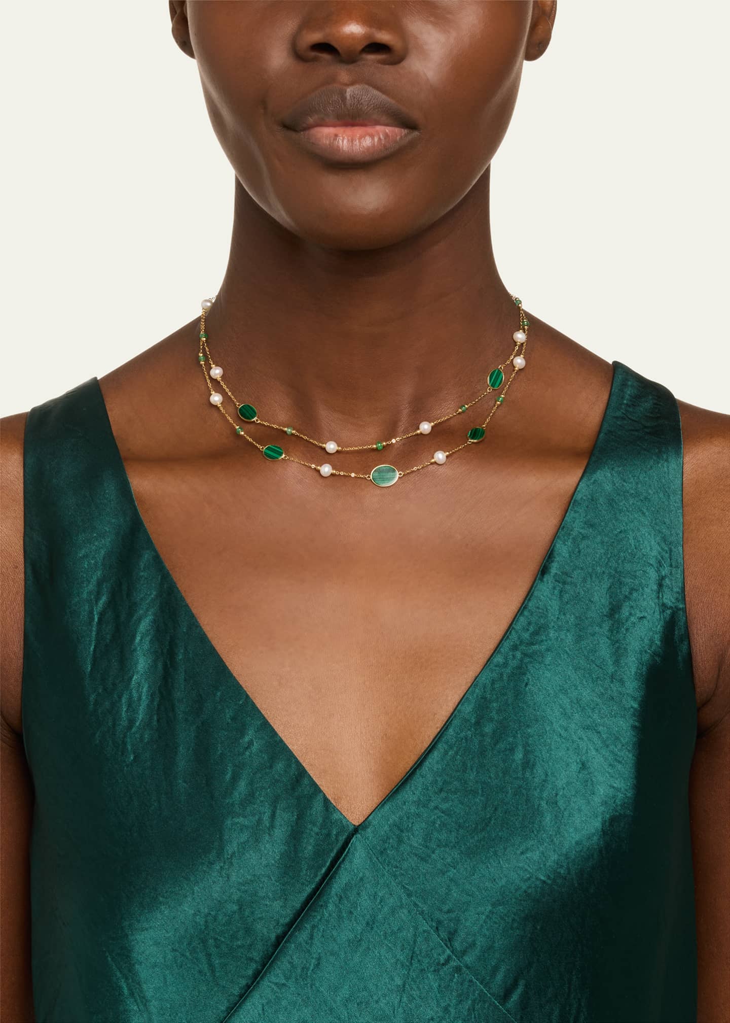 ATLAS LOVE Little Sur Malachite Inlay, Emerald and Freshwater Pearl Double Layer Chain Necklace Image 2 of 4