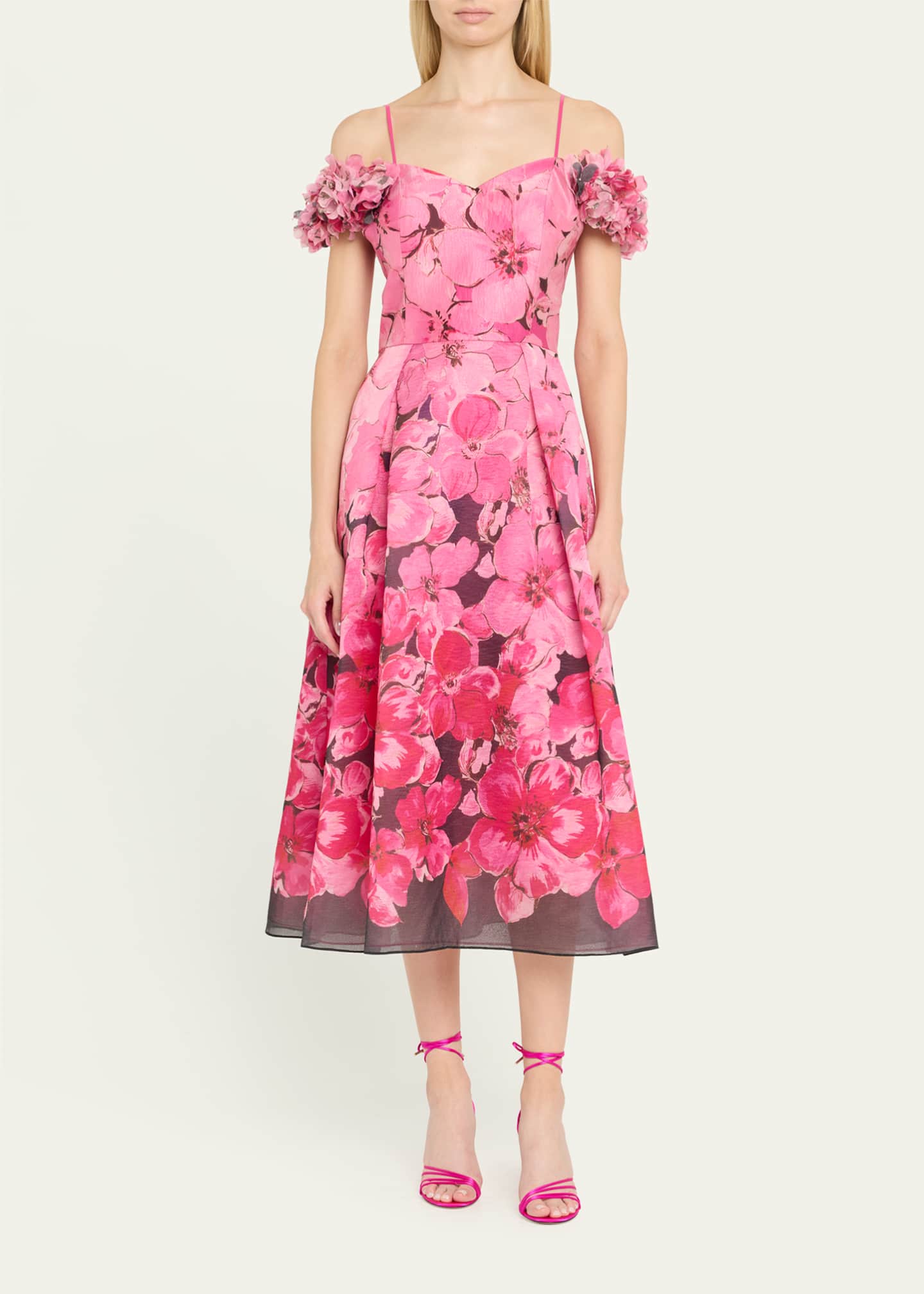 Rickie Freeman for Teri Jon Pleated Floral-Print Organza Midi Dress Image 2 of 5