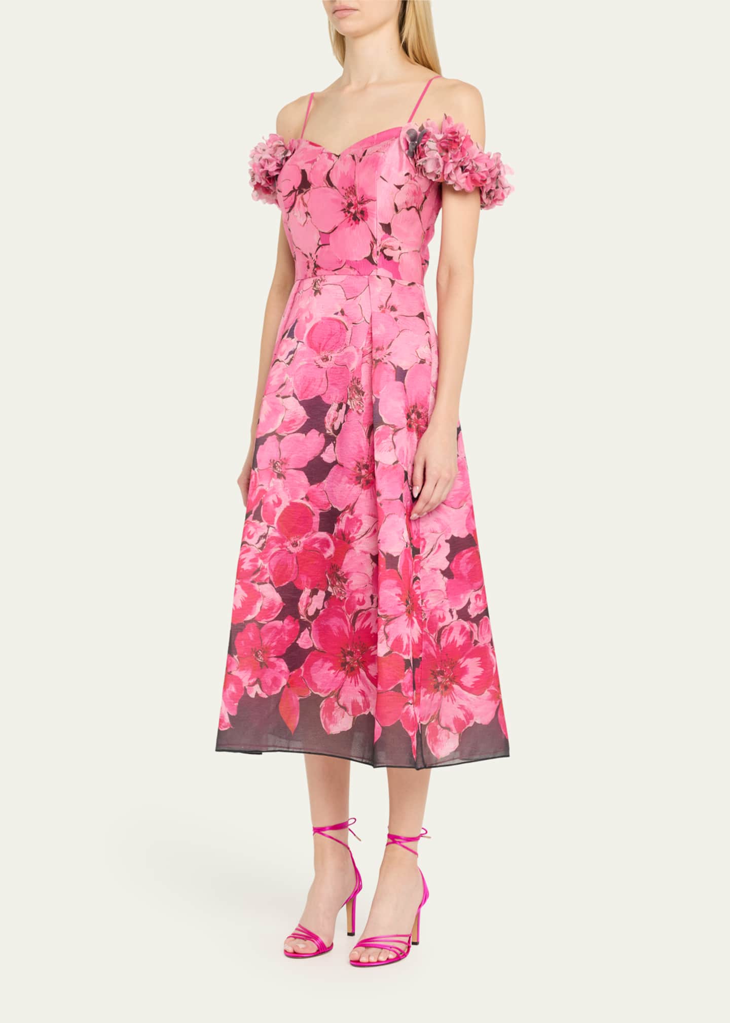 Rickie Freeman for Teri Jon Pleated Floral-Print Organza Midi Dress Image 4 of 5