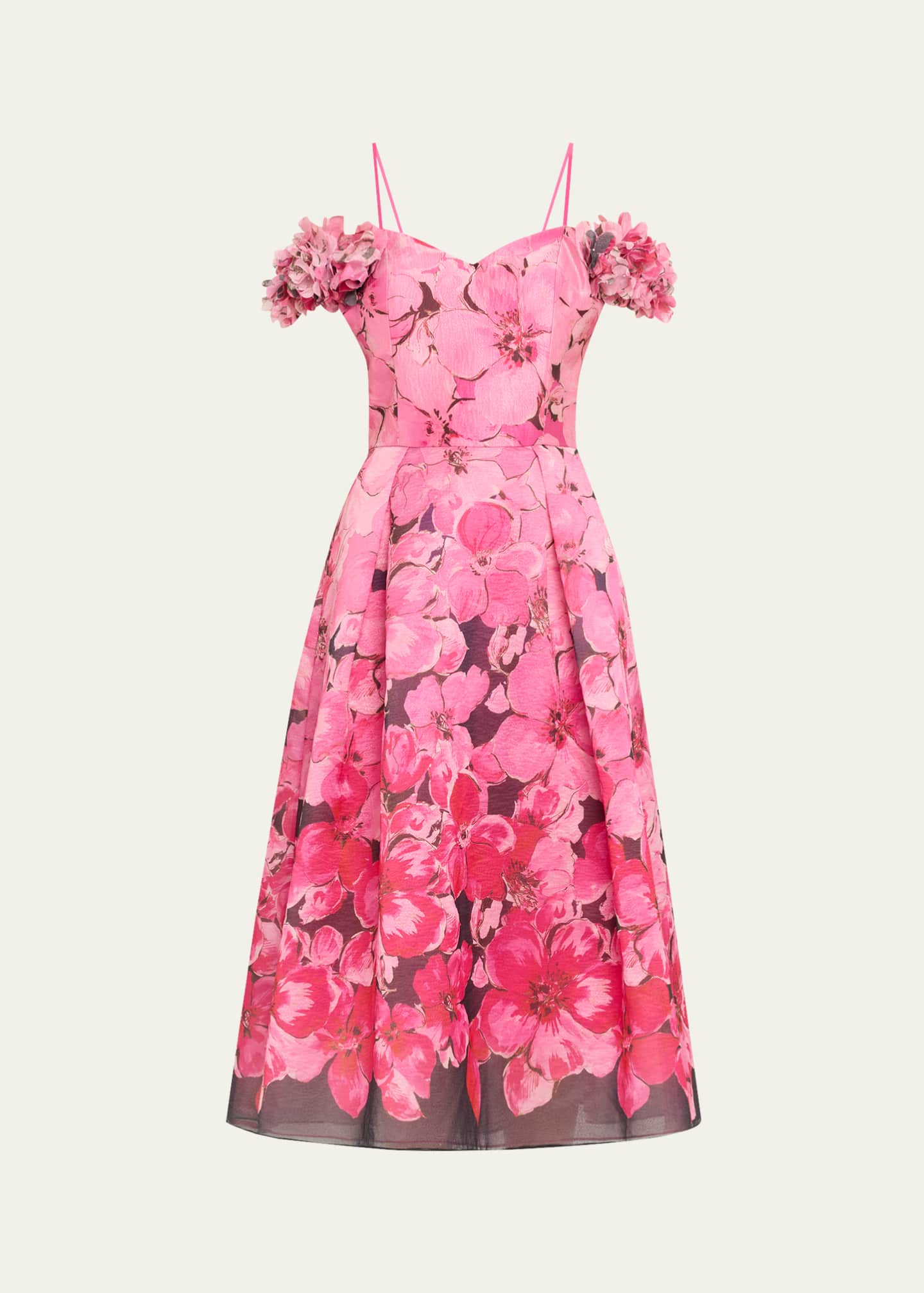 Rickie Freeman for Teri Jon Pleated Floral-Print Organza Midi Dress Image 1 of 5