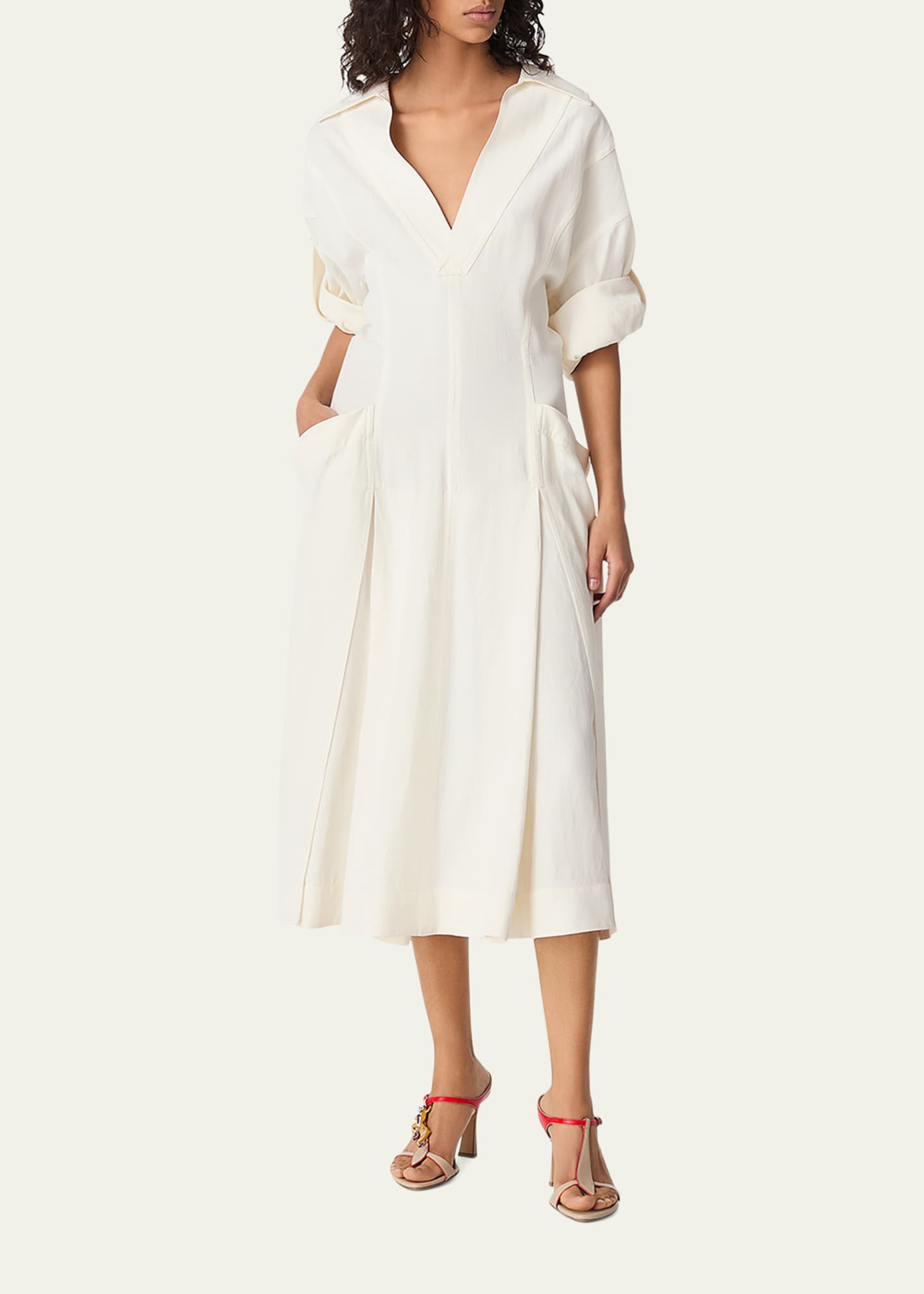 Bottega Veneta Fit-and-Flare Grainy Midi Dress with Frog Embellishments Image 2 of 5