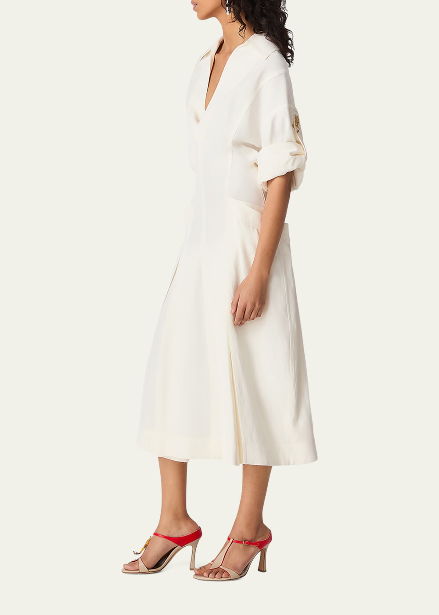 Bottega Veneta Fit-and-Flare Grainy Midi Dress with Frog Embellishments Image 4 of 5