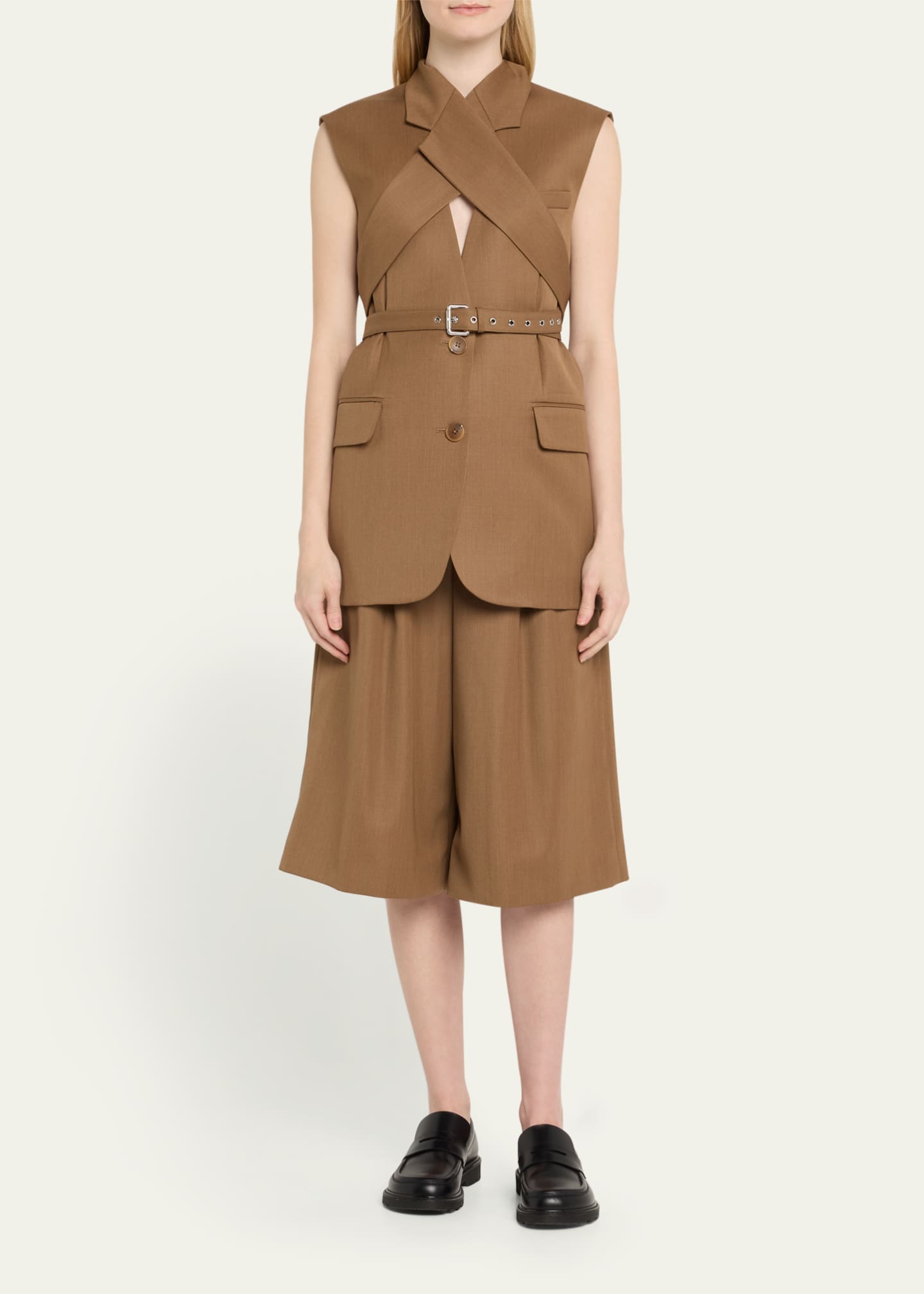 Monse Double Wasitband Tailored Long Wool Shorts Image 2 of 3