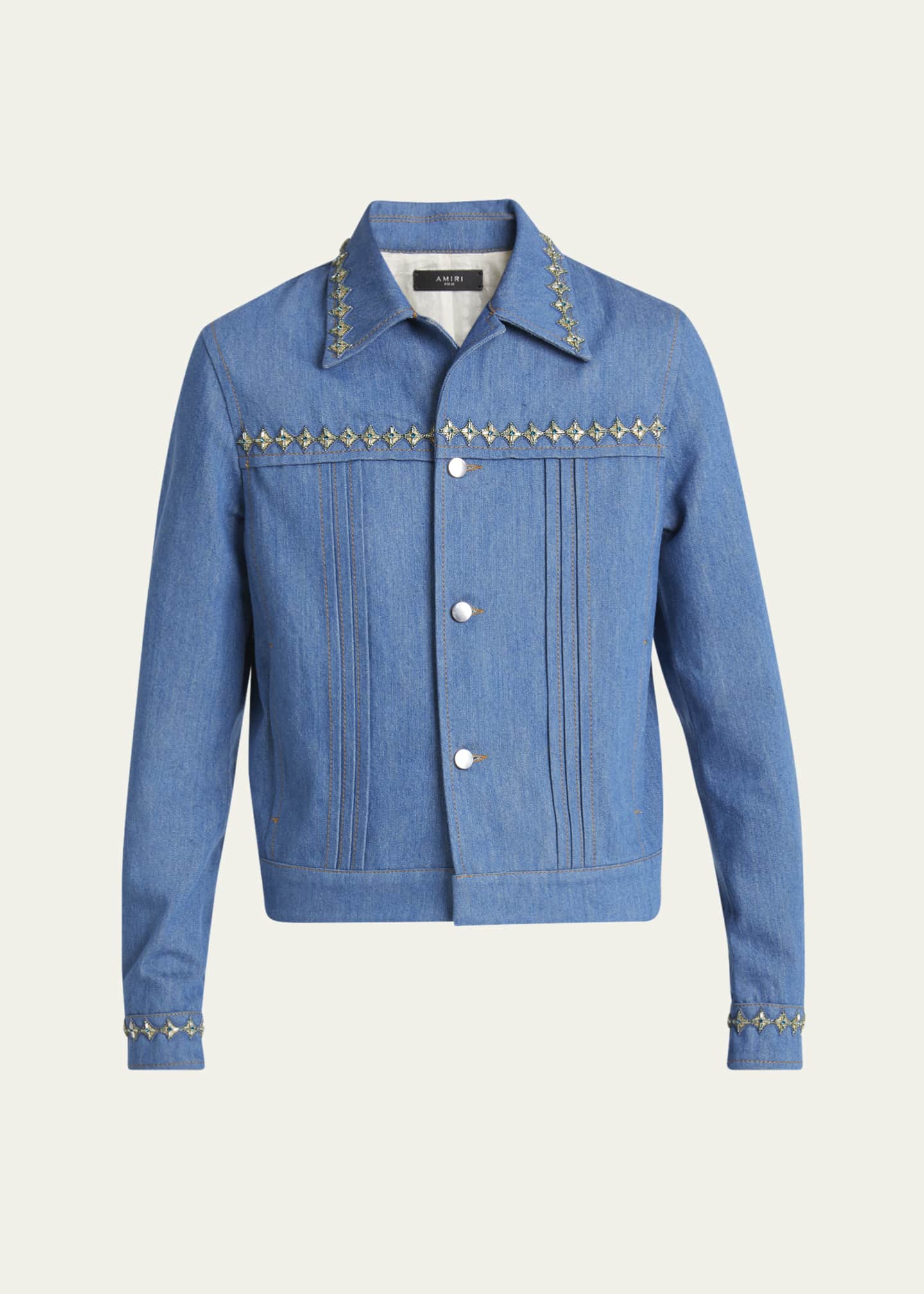 Amiri Men's Pleated Crystal Denim Cadet Jacket Image 1 of 5