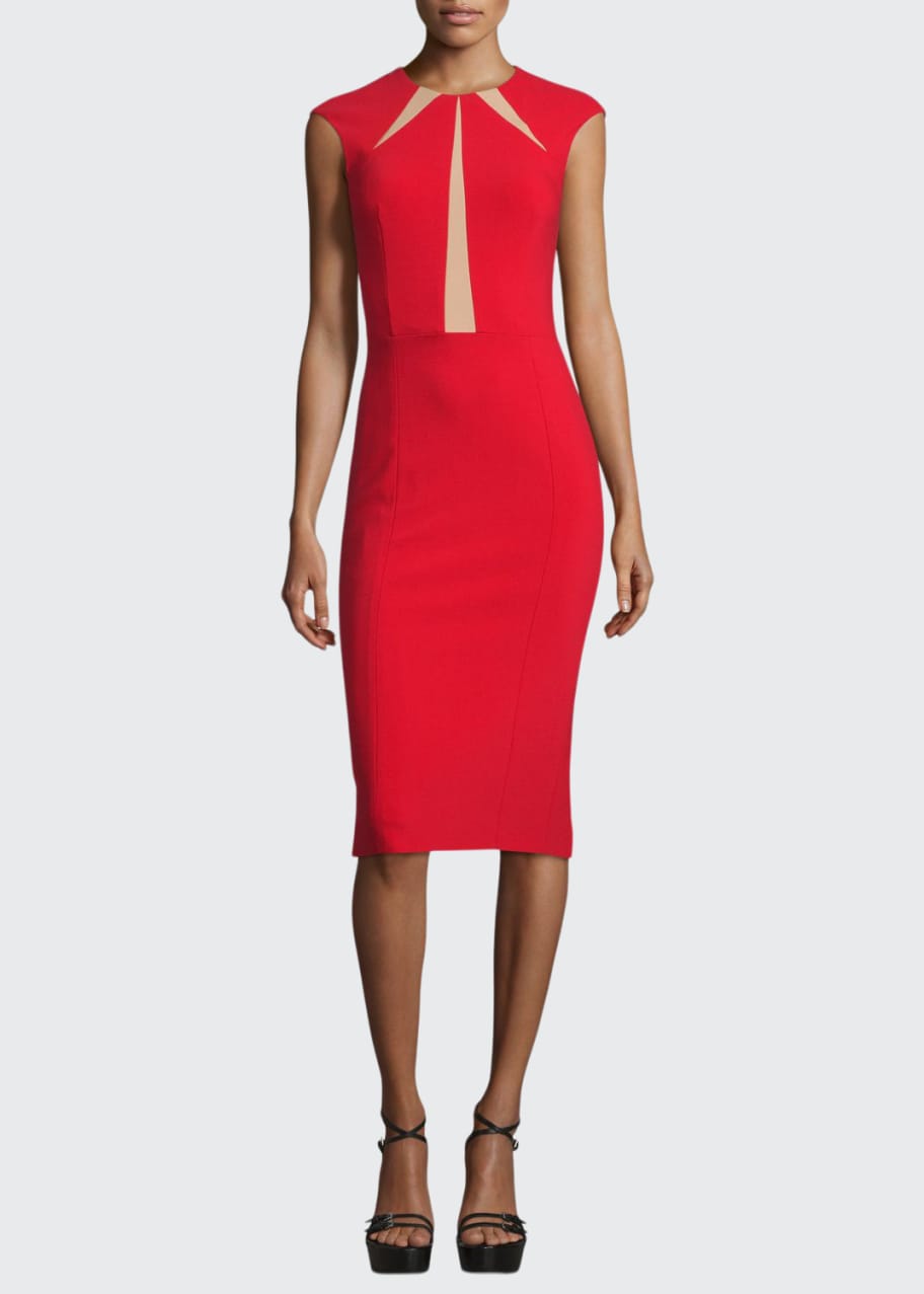 Image 1 of 1: Cap-Sleeve Contrast-Inset Sheath Dress, Crimson