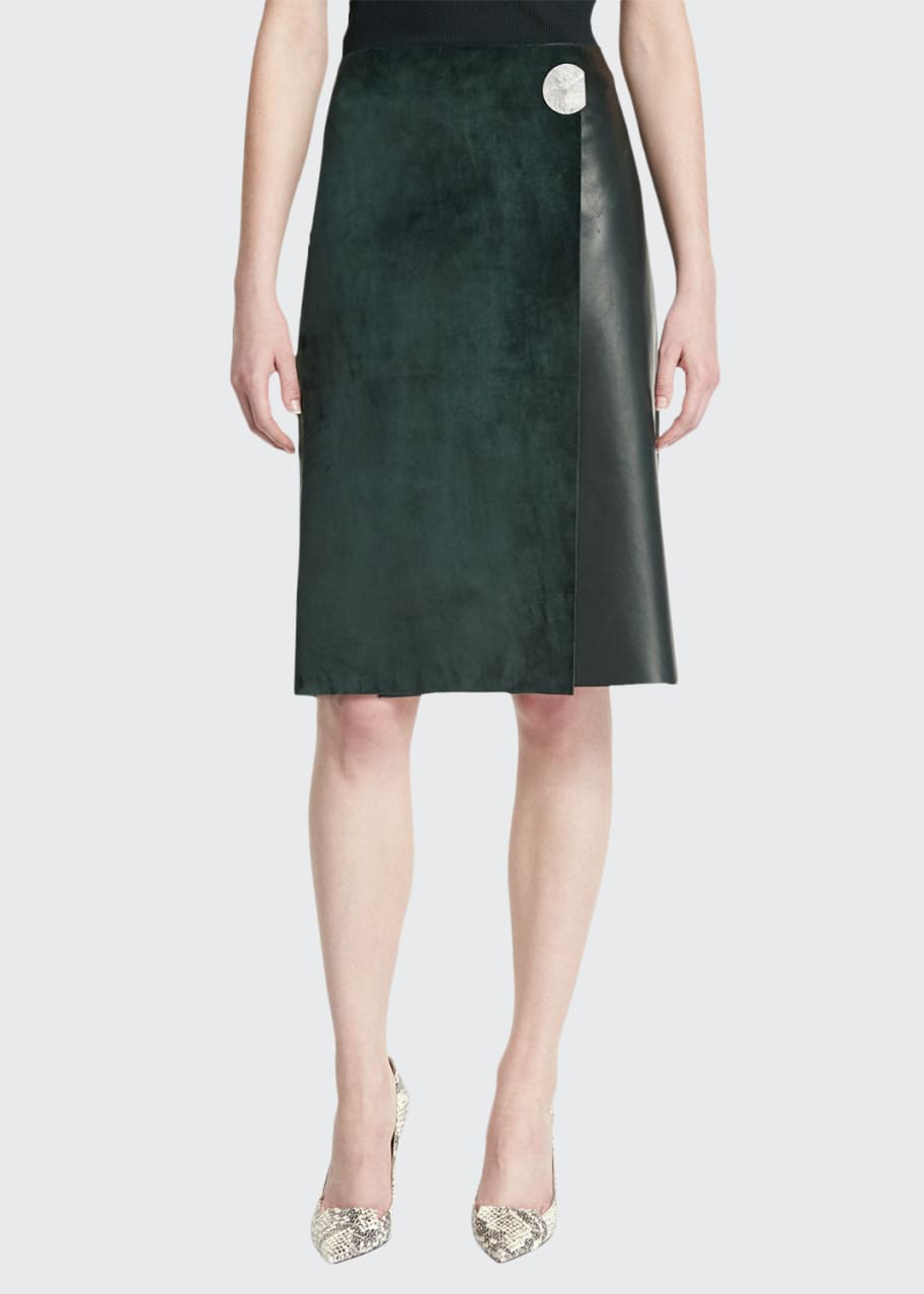 Image 1 of 1: Leather A-Line Wrap Skirt, Forest Green
