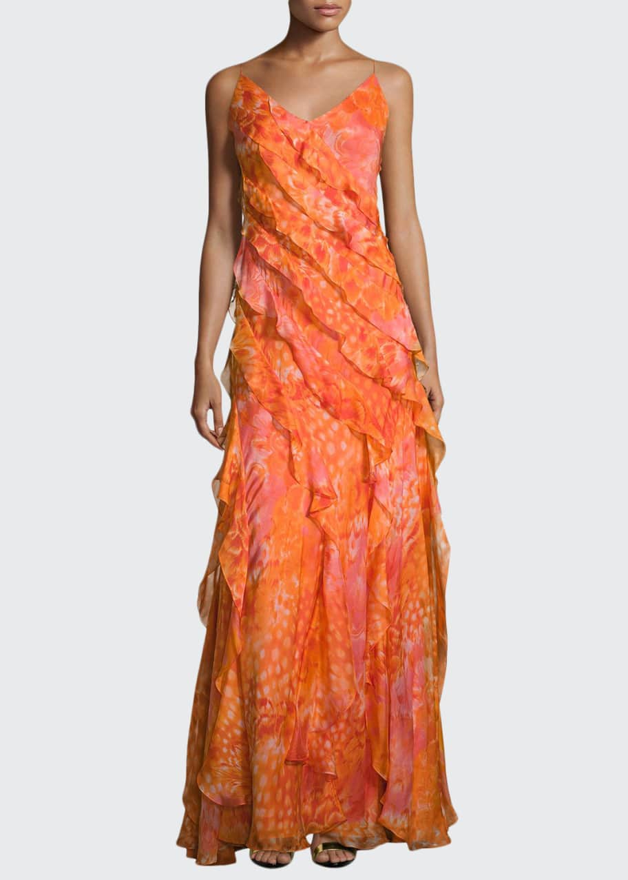 Image 1 of 1: Sleeveless Floral Silk Ruffle Gown, Coral