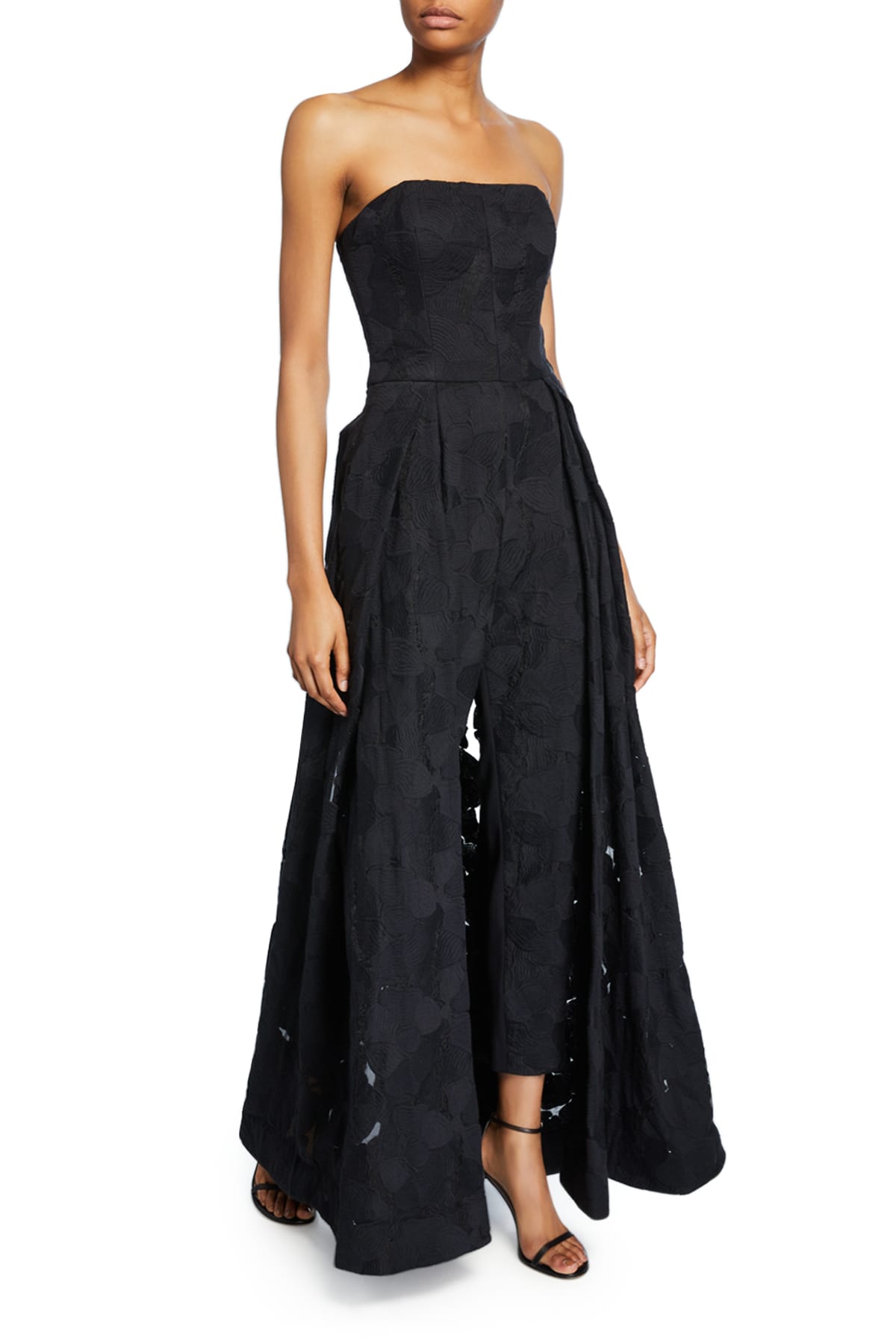 Halston Strapless Jacquard Jumpsuit With Skirt Overlay