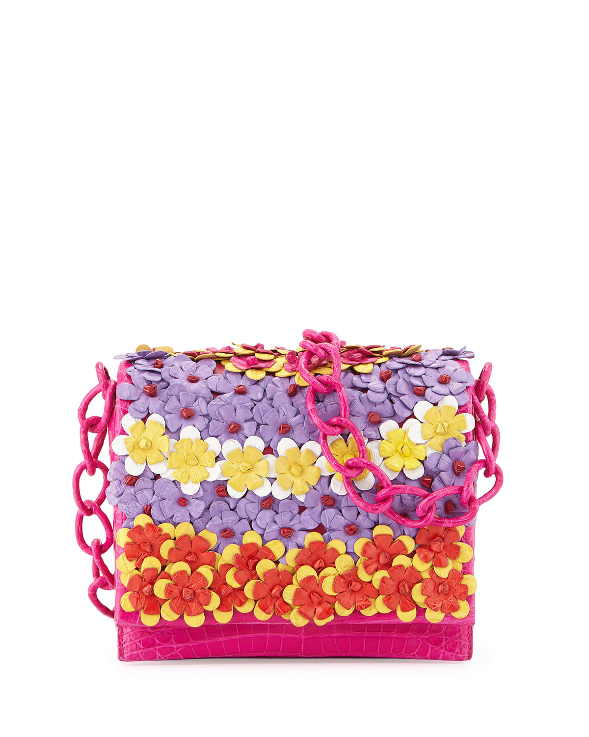 Medium Floral Flap-Top Crocodile Shoulder Bag, Pink