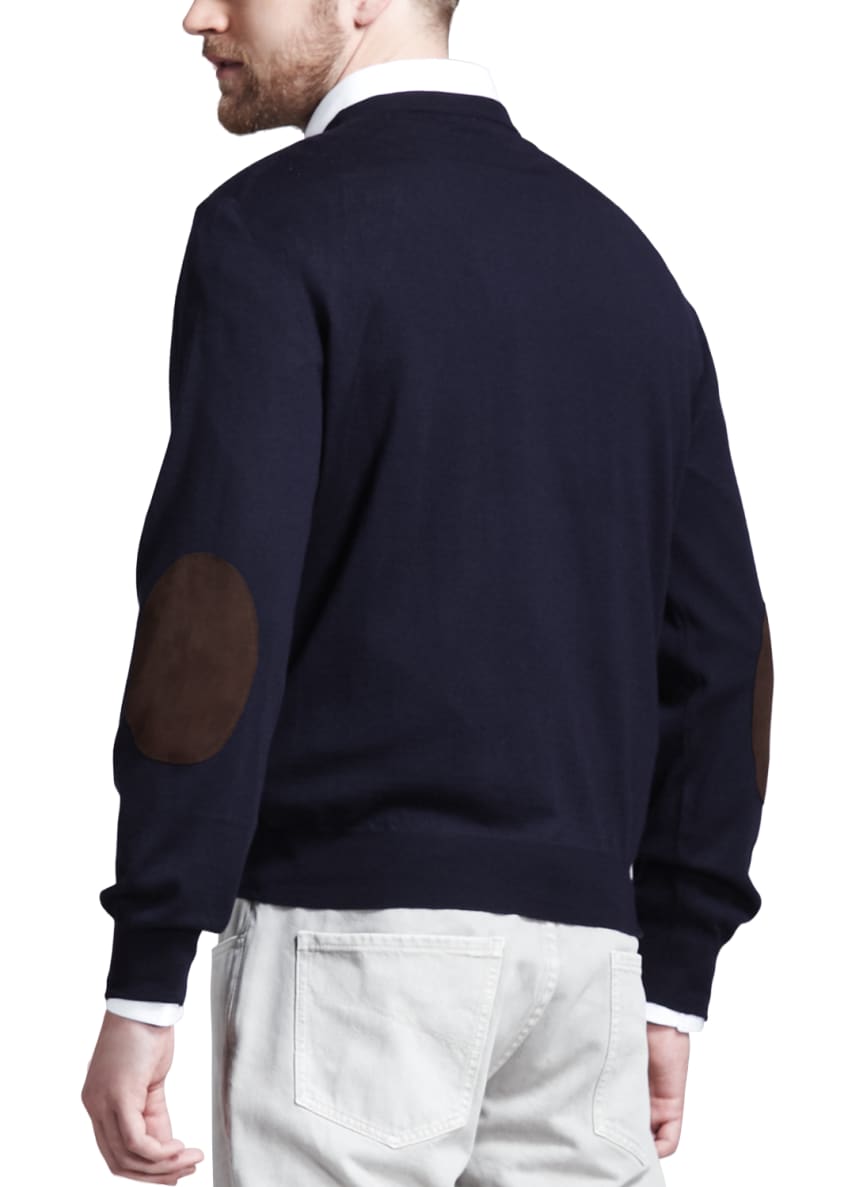 Brunello Cucinelli Fine-Gauge Knit Elbow-Patch Sweater, Oatmeal Image 2 of 4