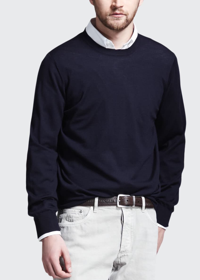 Brunello Cucinelli Fine-Gauge Knit Elbow-Patch Sweater, Oatmeal Image 1 of 4