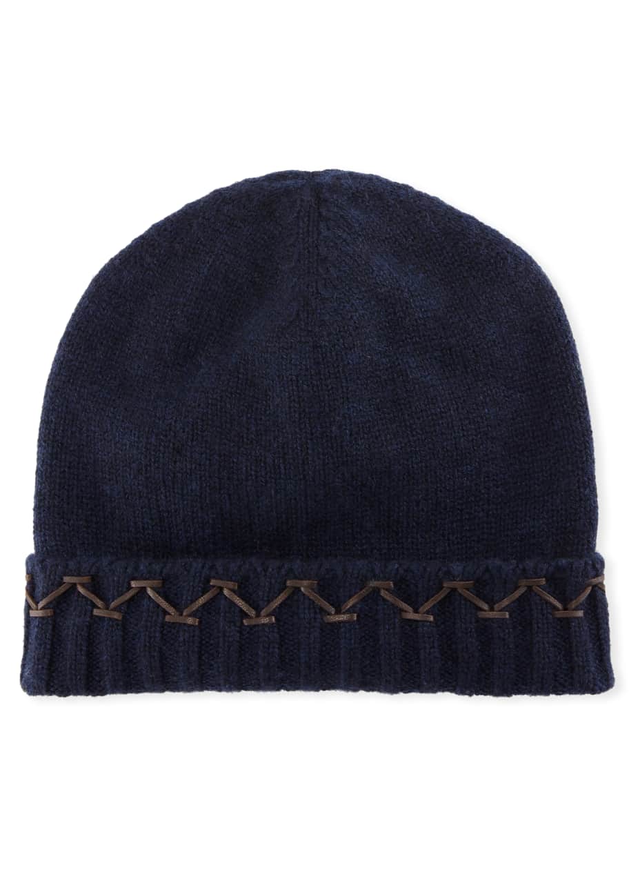 Image 1 of 1: Knit Cashmere Beanie Hat w/ Leather Stitch Detail