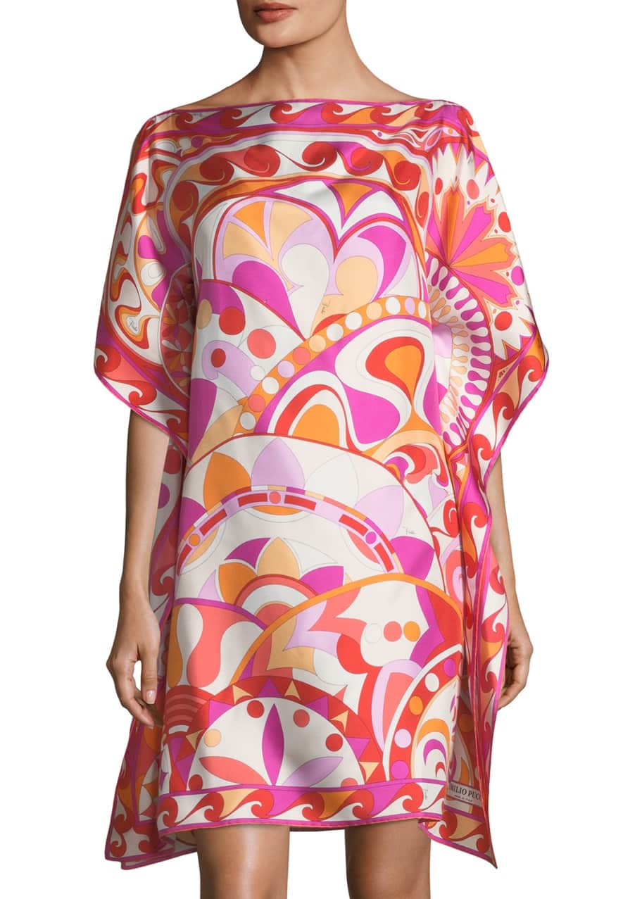 Image 1 of 1: Short-Sleeve Printed Silk Coverup Dress