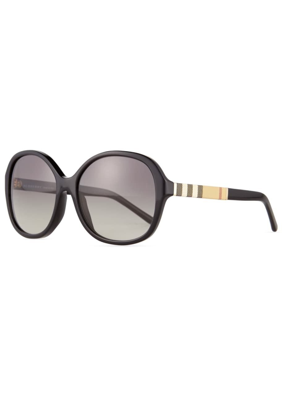 Image 1 of 1: Rounded-Square Check-Trim Sunglasses, Black