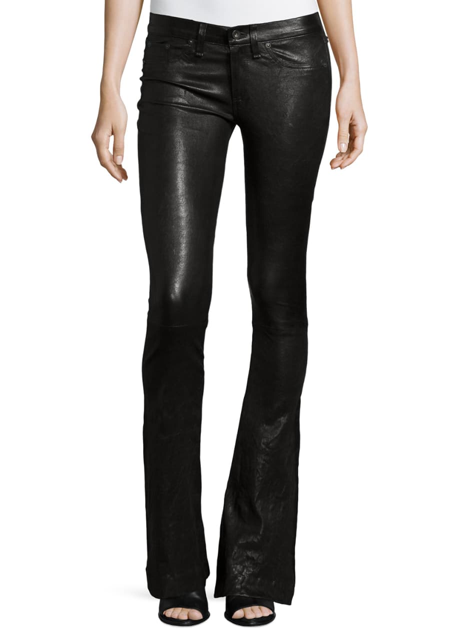 Image 1 of 1: Low-Rise Bell-Bottom Leather Pants, Washed Black