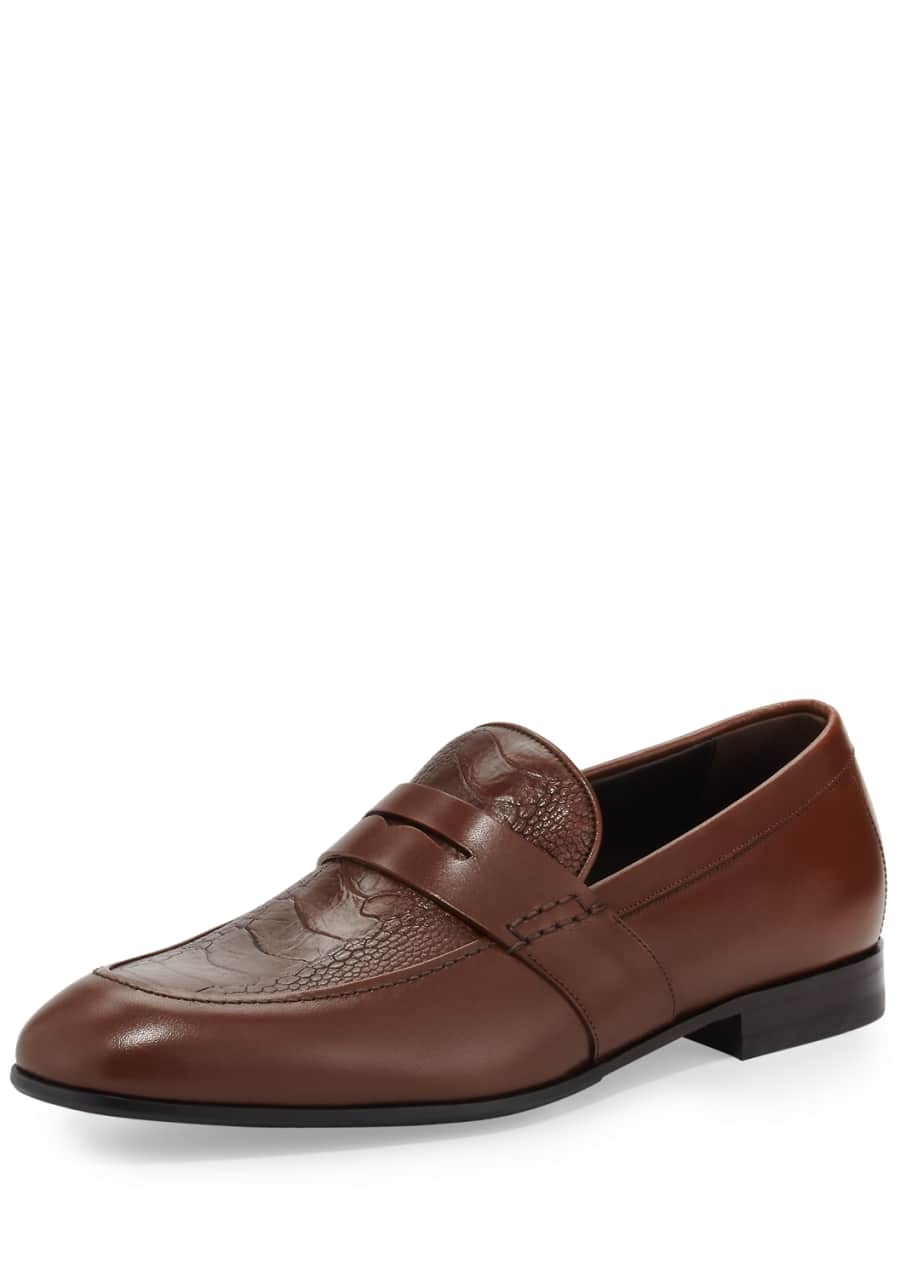 Image 1 of 1: Calfskin Penny Loafer with Ostrich Leg Vamp, Light Brown