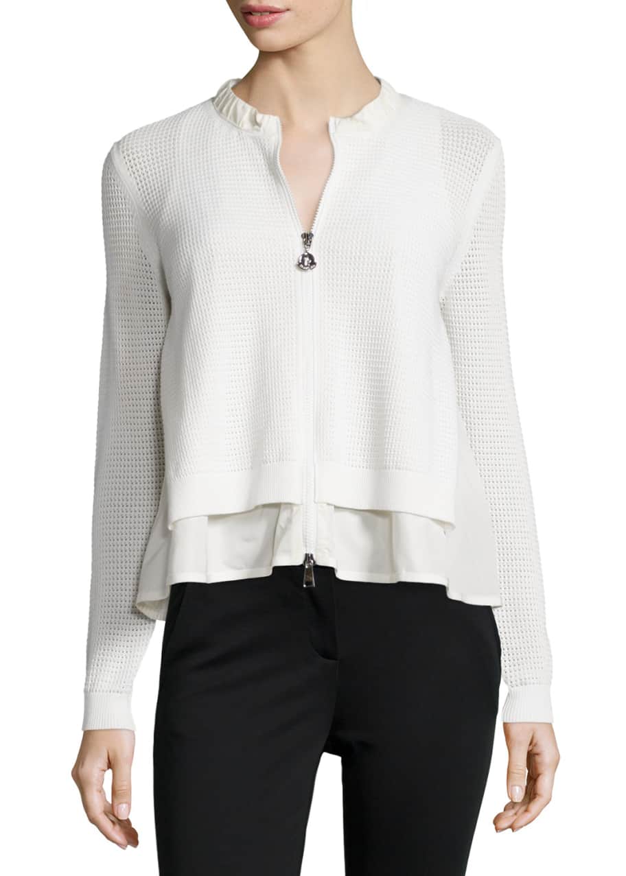 Image 1 of 1: Perforated Zip-Front Layered Cardigan, Cream