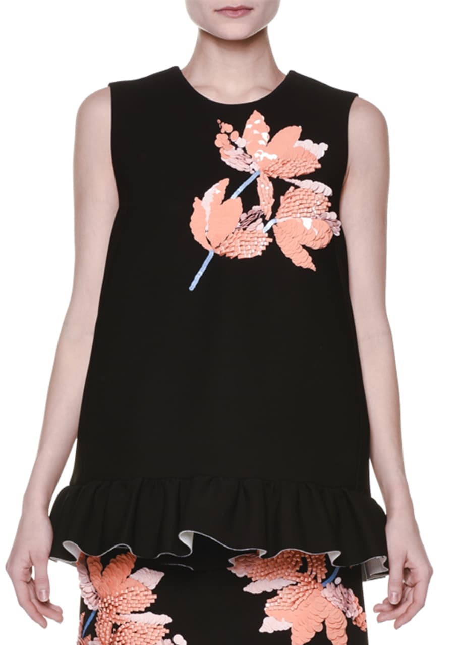 Image 1 of 1: Sleeveless Floral-Appliqué Ruffle-Hem Top, Black