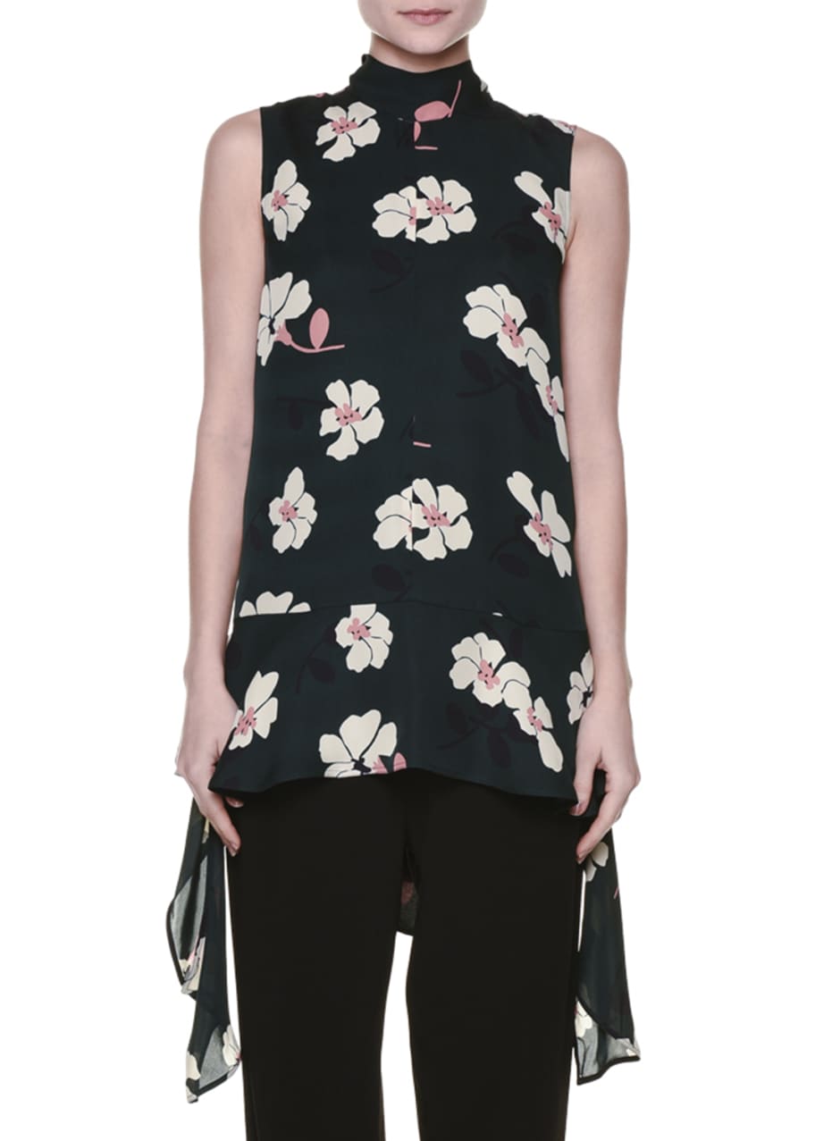 Image 1 of 1: Sleeveless Floral-Print Draped Georgette Top, Green